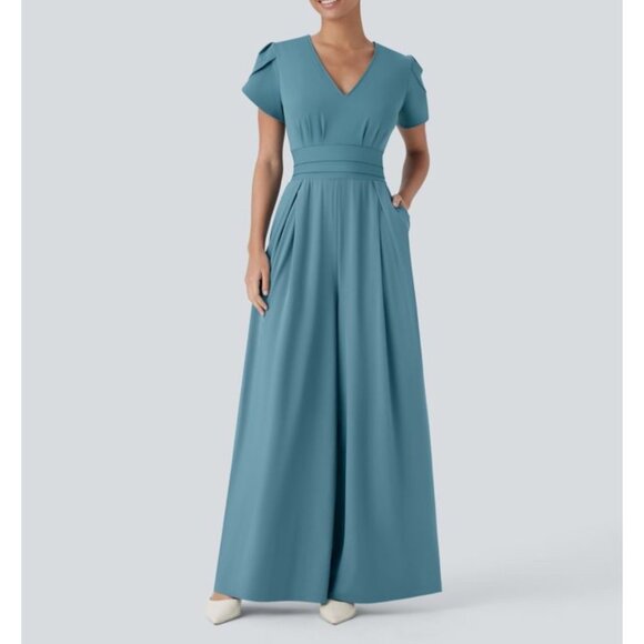 Halara Breezeful V Neck Petal Sleeve Pocket Wide Leg Quick Dry Jumpsuit Sz Large - Picture 1 of 12